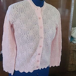 Wintuk "styled by Rose*. Vintage pink. Crochet knit cardiga made in USA. (#1244)